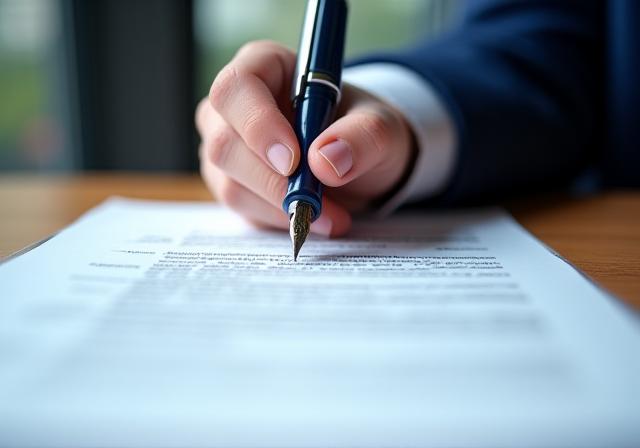 A professionally signed contract with a fountain pen in a London office