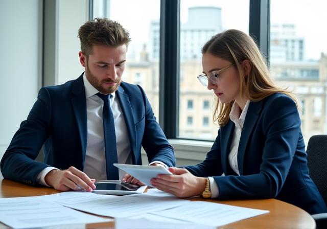 Legal professionals discussing intellectual property strategy in a London office