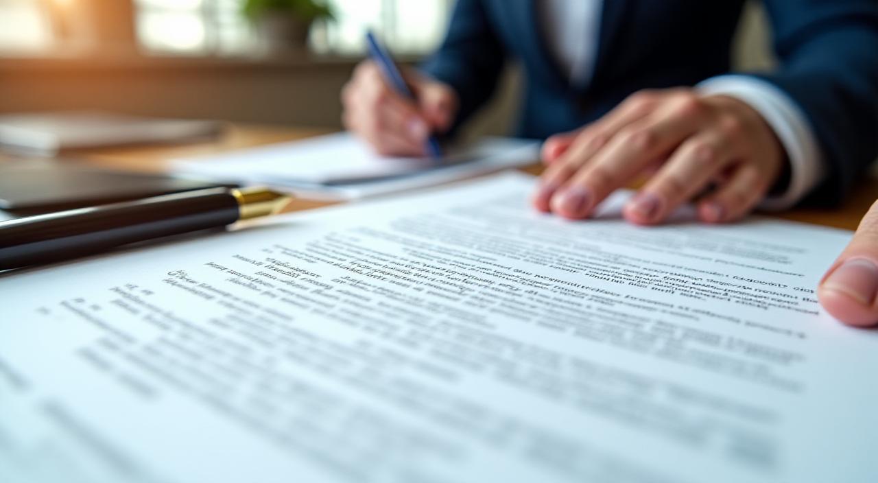 A legal professional reviewing risk mitigation clauses in a modern office setup