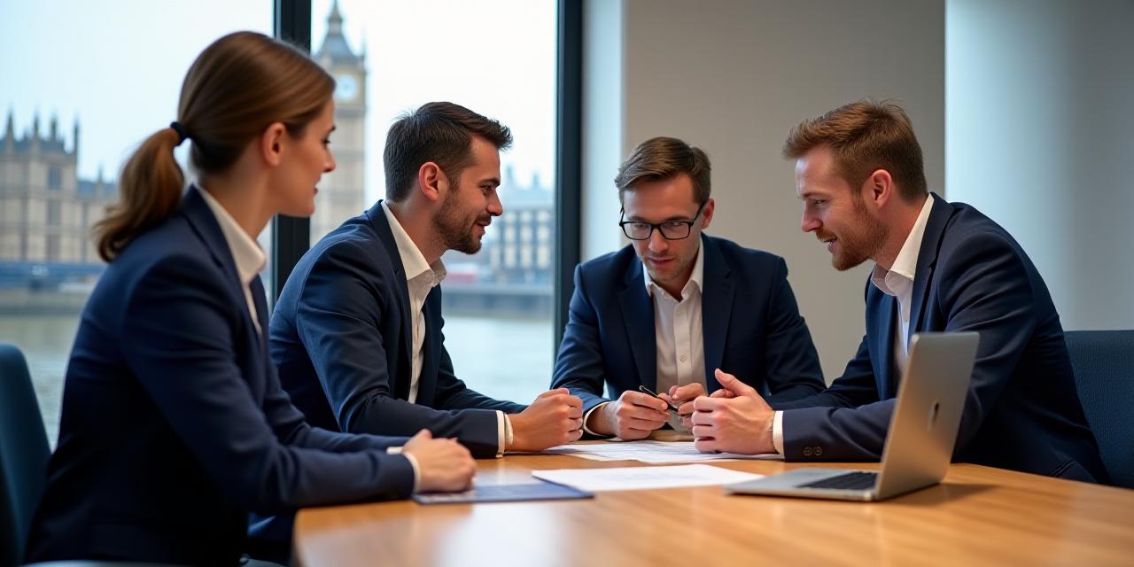 Legal professionals discussing compliance strategy in a London boardroom
