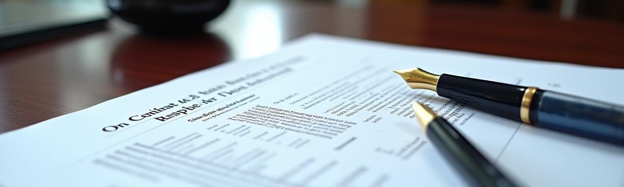 Legal contract with fountain pen on a polished mahogany desk
